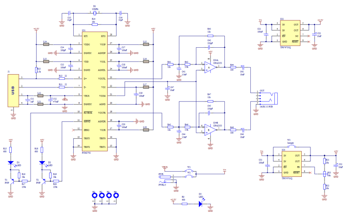  because they are already inside. This is really plug and play. Few months ago I have seen USB sound card cal led Alien DAC. The construction on the project web page inspired me to build this thing also. The core of this construction is 16-Bit Stereo Digital-To-Analog Convertor with USB interface PCM2702. PCM2702 needs only few additional parts to work. The schematic is not complex. Sound card can be powered directly from USB port (jumper W1) or from external power supply (jumper W3). PCM2702 needs two power supply 3.3V (3V-3.6V) and 5V (4.5V-5.5V). I used fixed output voltage LDO TPS76733Q for 3.3V (IO2) an d a djustable output voltage LDO TPS76701Q for 5V (IO3). Both LDO are produced by TI-深圳鼎紀(jì)PCB