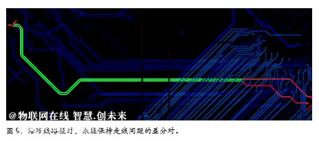 圖 9：沿布線路徑時(shí)，未能保持走線間距的差分對。